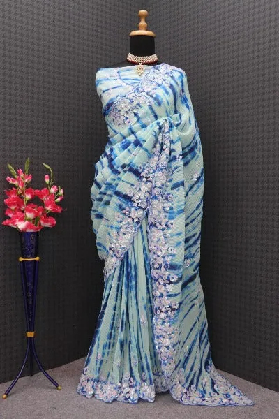 1 Min Blue & White Georgette Crush Sequence  Stitched Readymade Saree