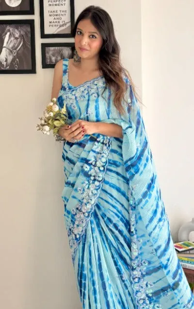 1 Min Blue & White Georgette Crush Sequence  Stitched Readymade Saree