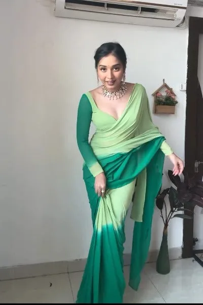 1 Min Pista Green Double Shaded Georgette Stitched Readymade Saree