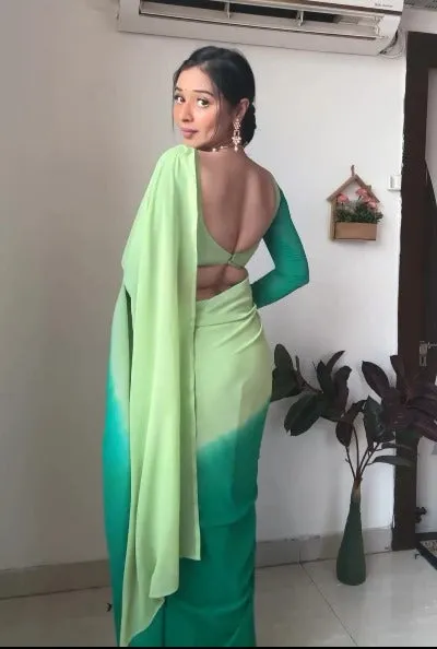 1 Min Pista Green Double Shaded Georgette Stitched Readymade Saree