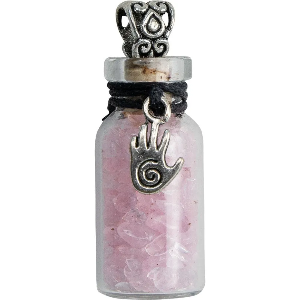 1.75" Gemstone Chip Bottle Necklace - Rose Quartz with Healing Hand