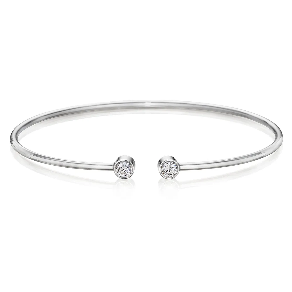 18K White Gold Bangle Bracelet Two Bezel Diamonds