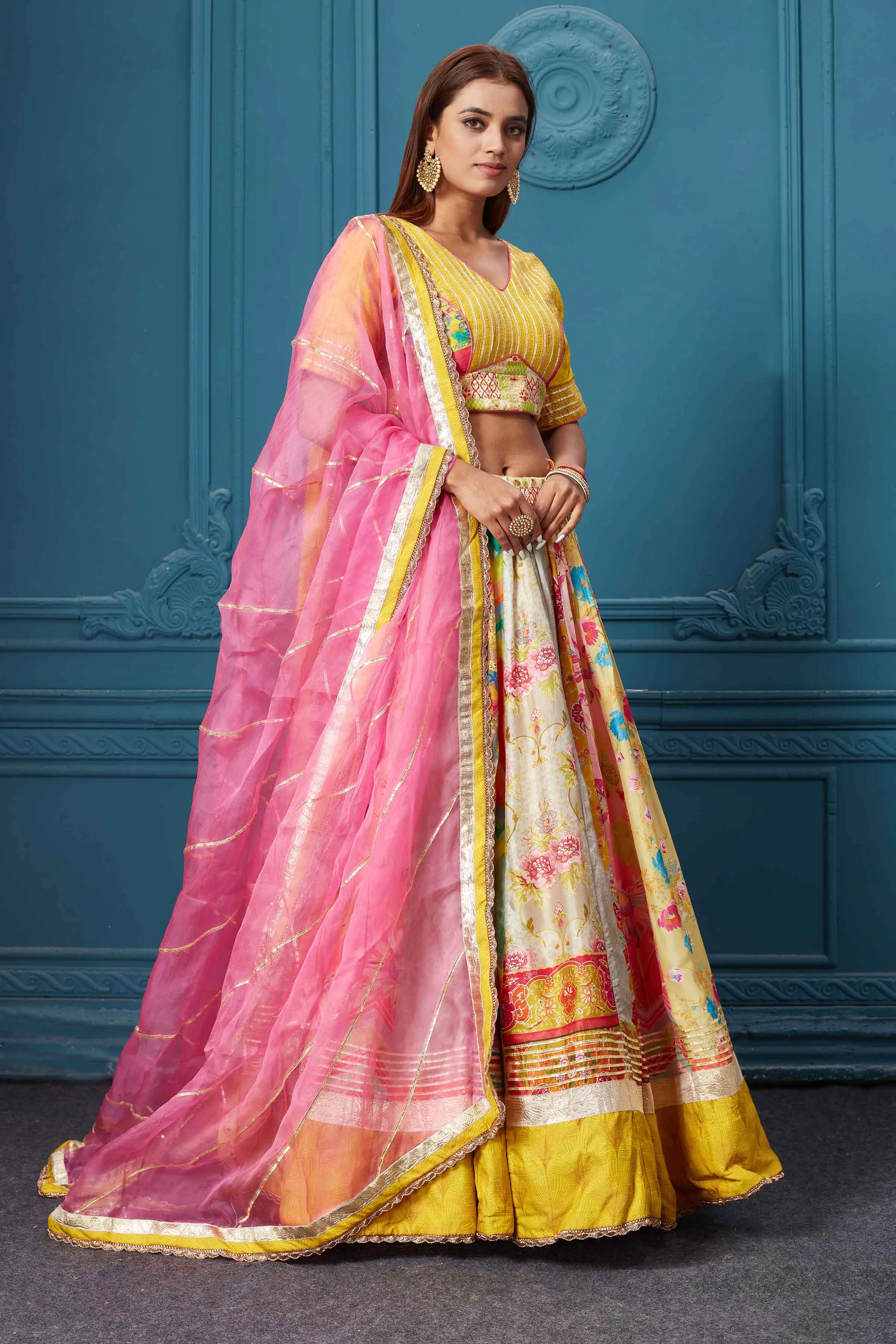 310041 Yellow Printed Lehenga with Dupatta