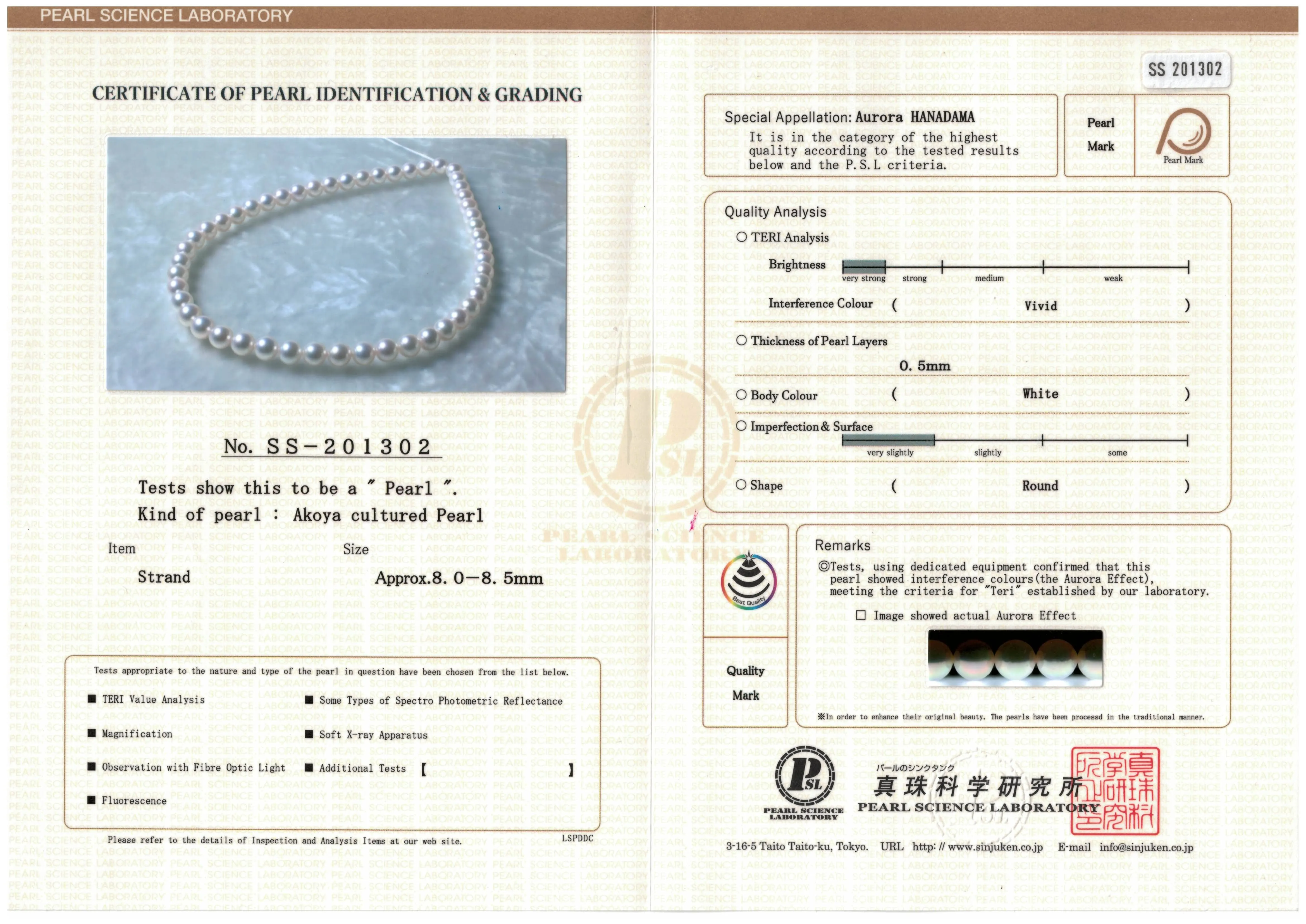 8.0-8.5 mm Hanadama Akoya Strand - PSL Certificate SS-201302