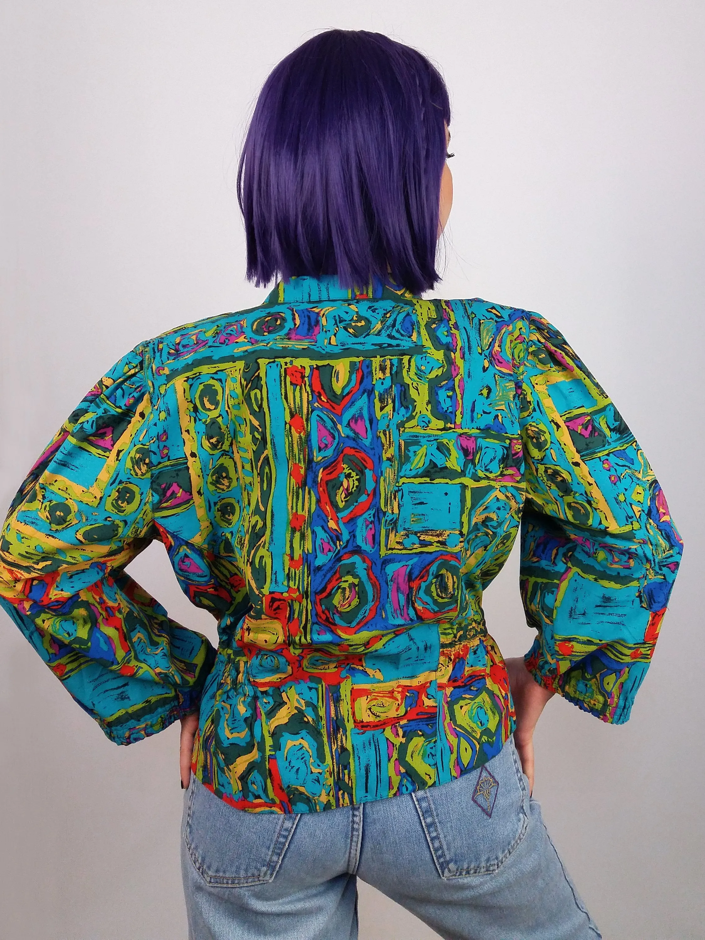 80's Blazer Blouse Abstract Print - size M-L