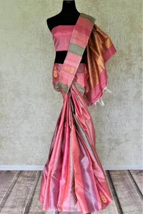 90J852 Pink and Mauve Kanjivaram Saree with Zari Buta