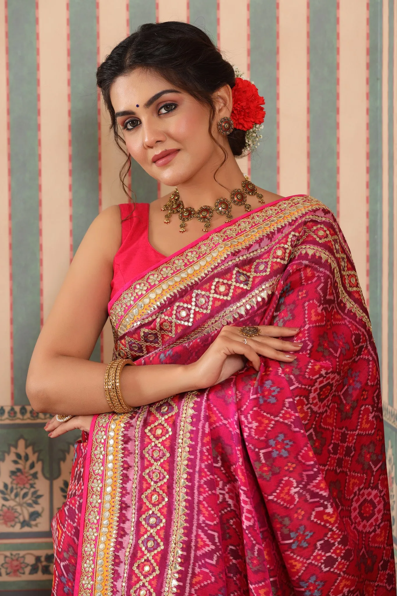 90Z616-RO Pink Patola Silk Saree with Embroidered Border