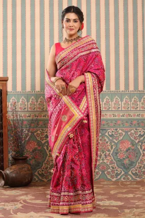 90Z616-RO Pink Patola Silk Saree with Embroidered Border