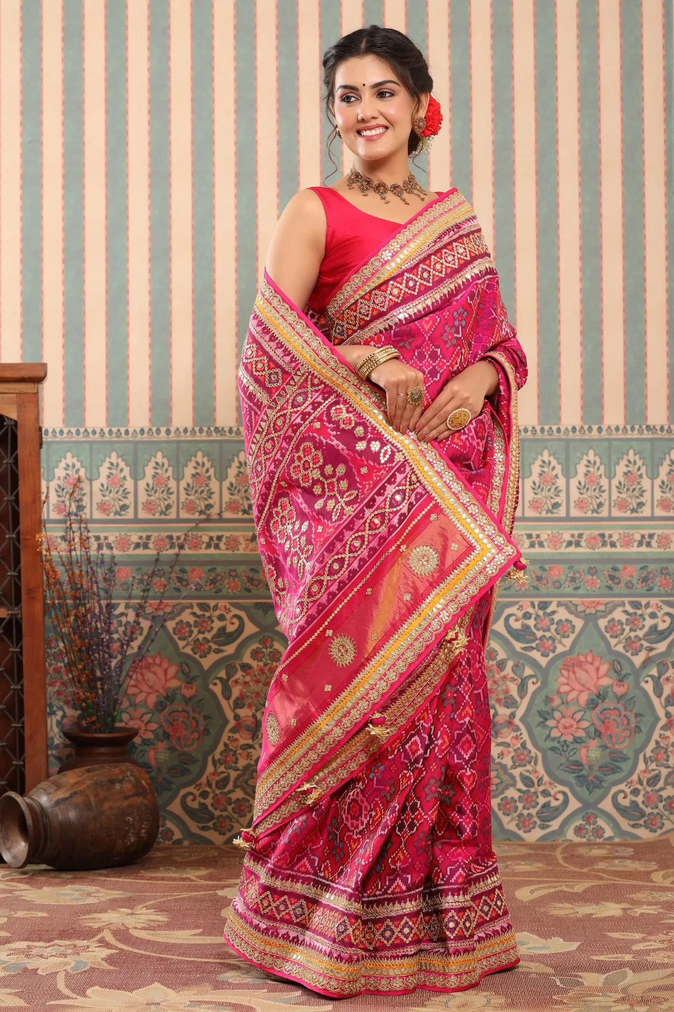 90Z616-RO Pink Patola Silk Saree with Embroidered Border