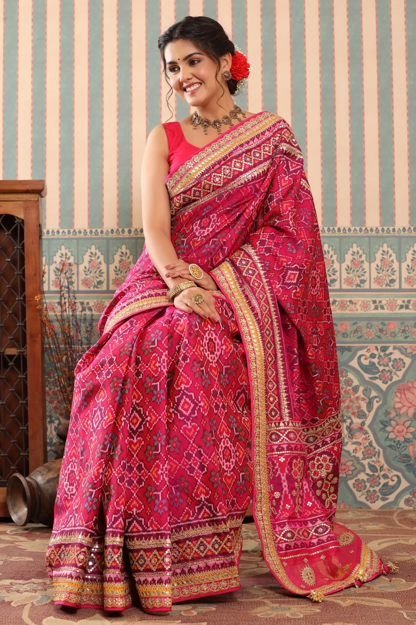 90Z616-RO Pink Patola Silk Saree with Embroidered Border