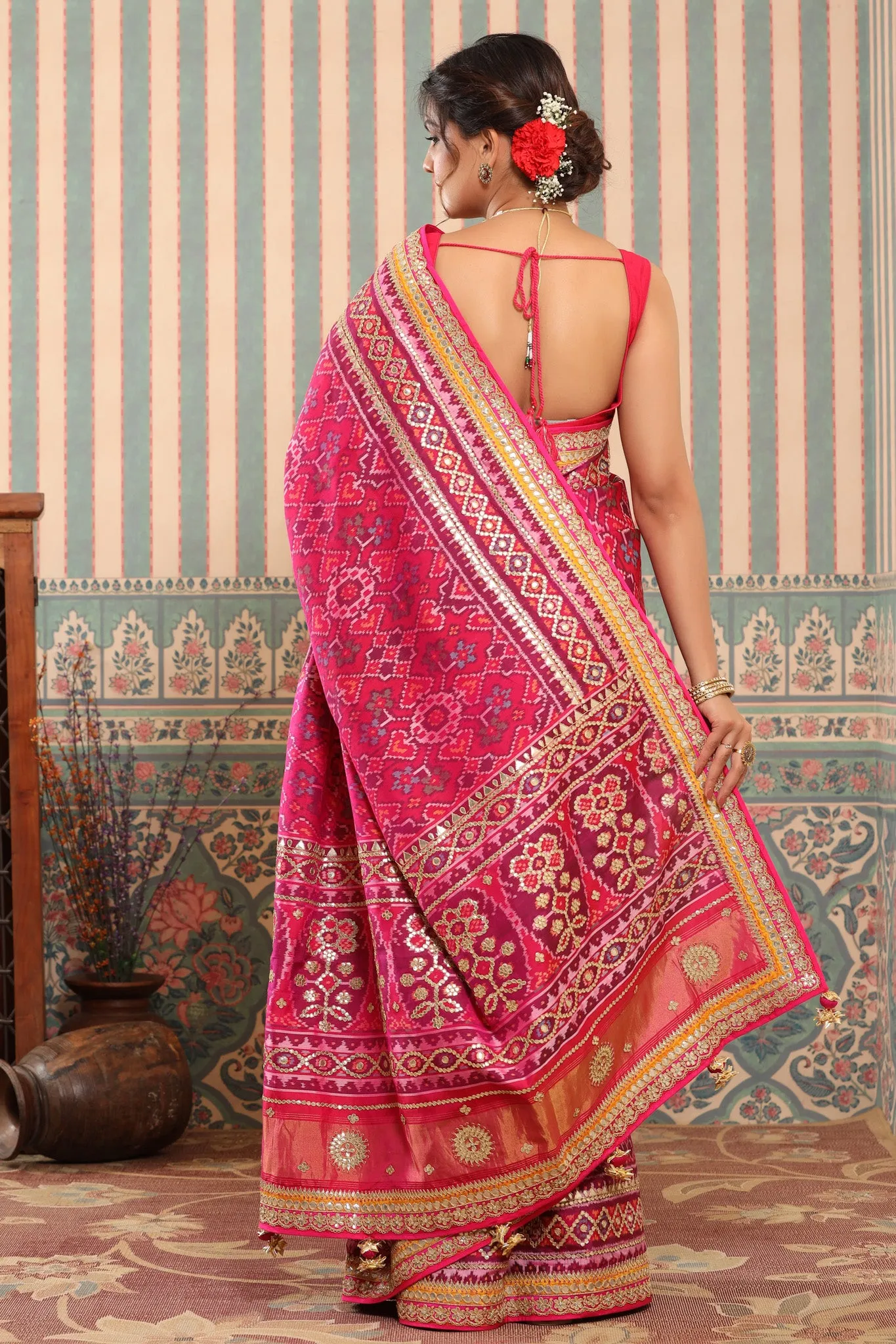 90Z616-RO Pink Patola Silk Saree with Embroidered Border