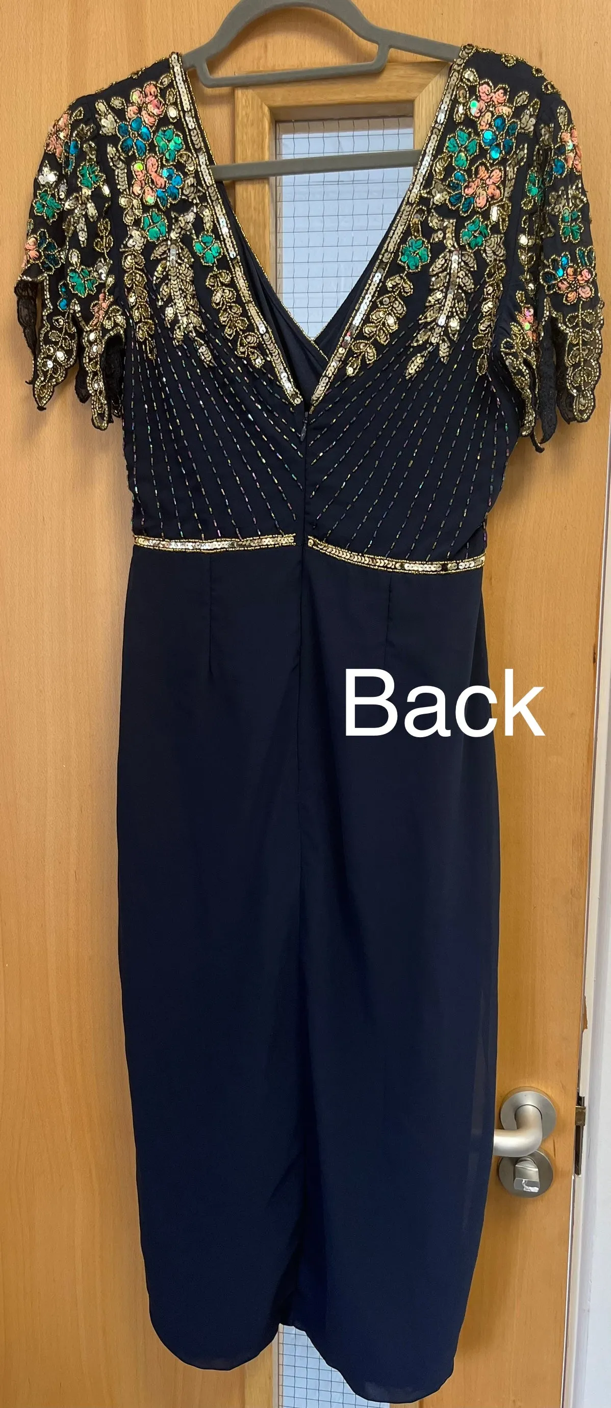 A1621 Navy Embellished Wrap Skirt Dress