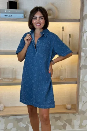 Ally Heart Embroidered Shirt Dress In Denim