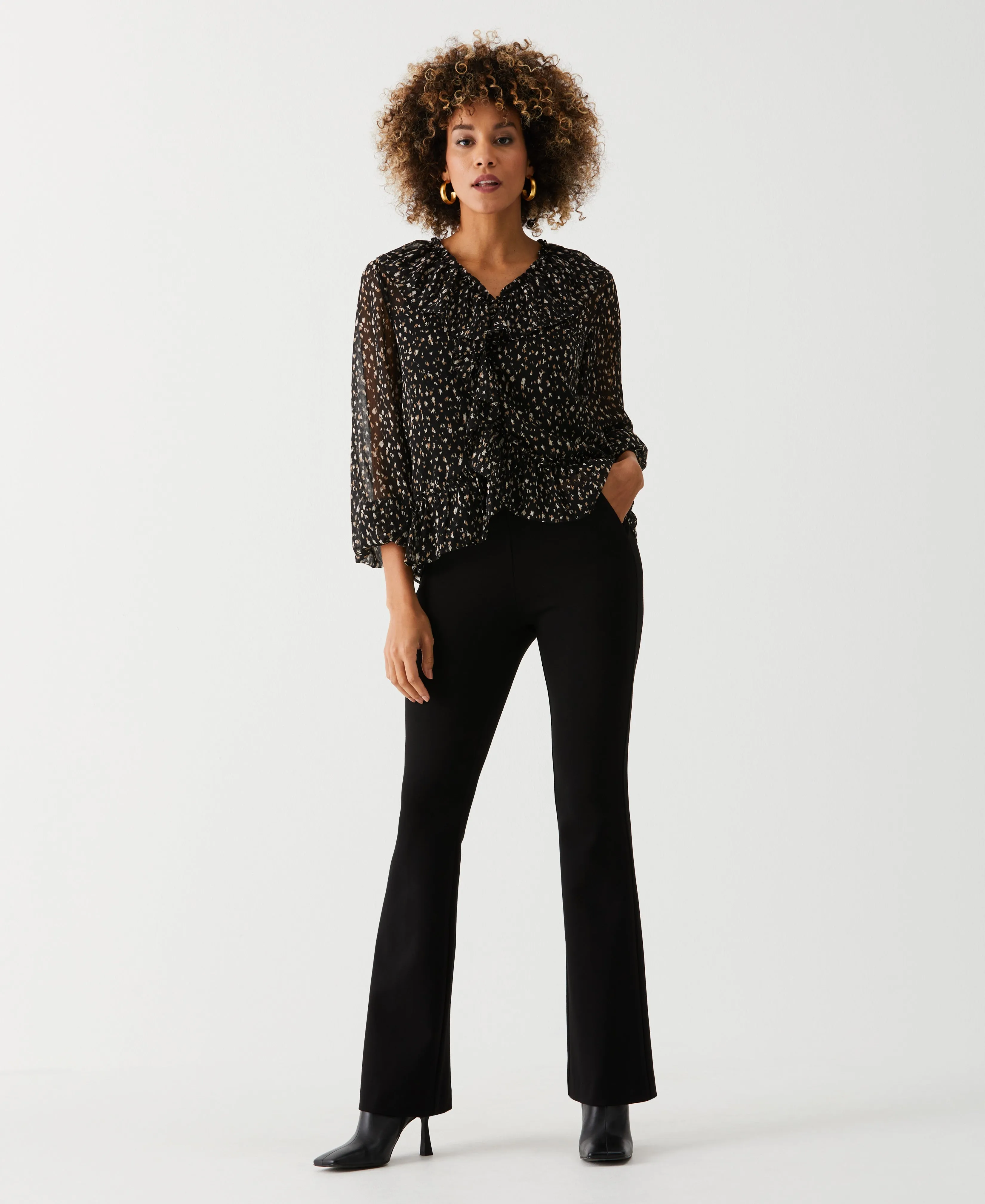 Animal Print V-Neck Ruffle Blouse