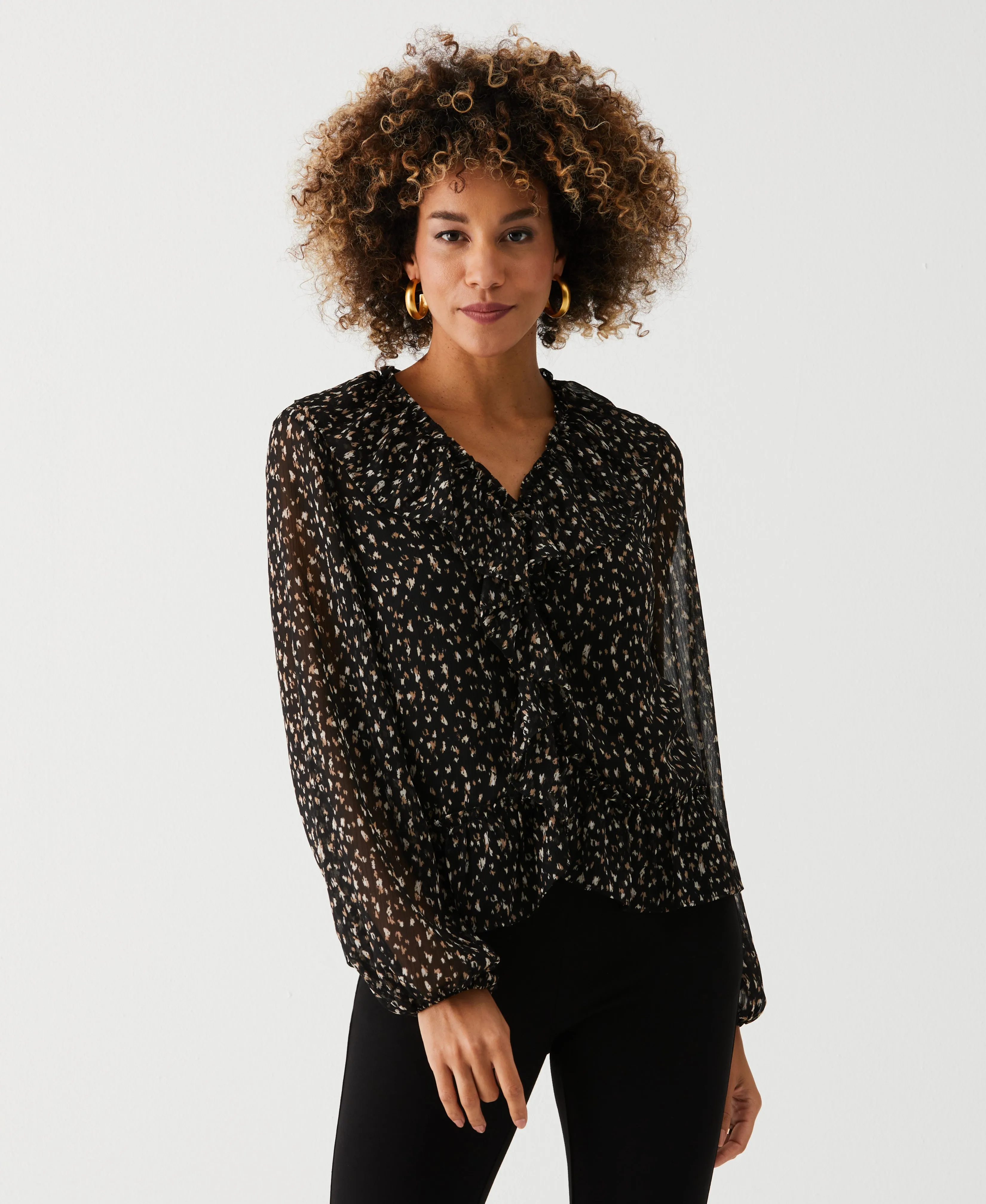 Animal Print V-Neck Ruffle Blouse