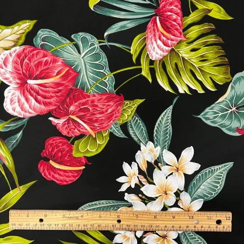 Anthurium, Plumeria & Birds of paradise Hawaiian Fabric | Black 0223 BLK-0005C