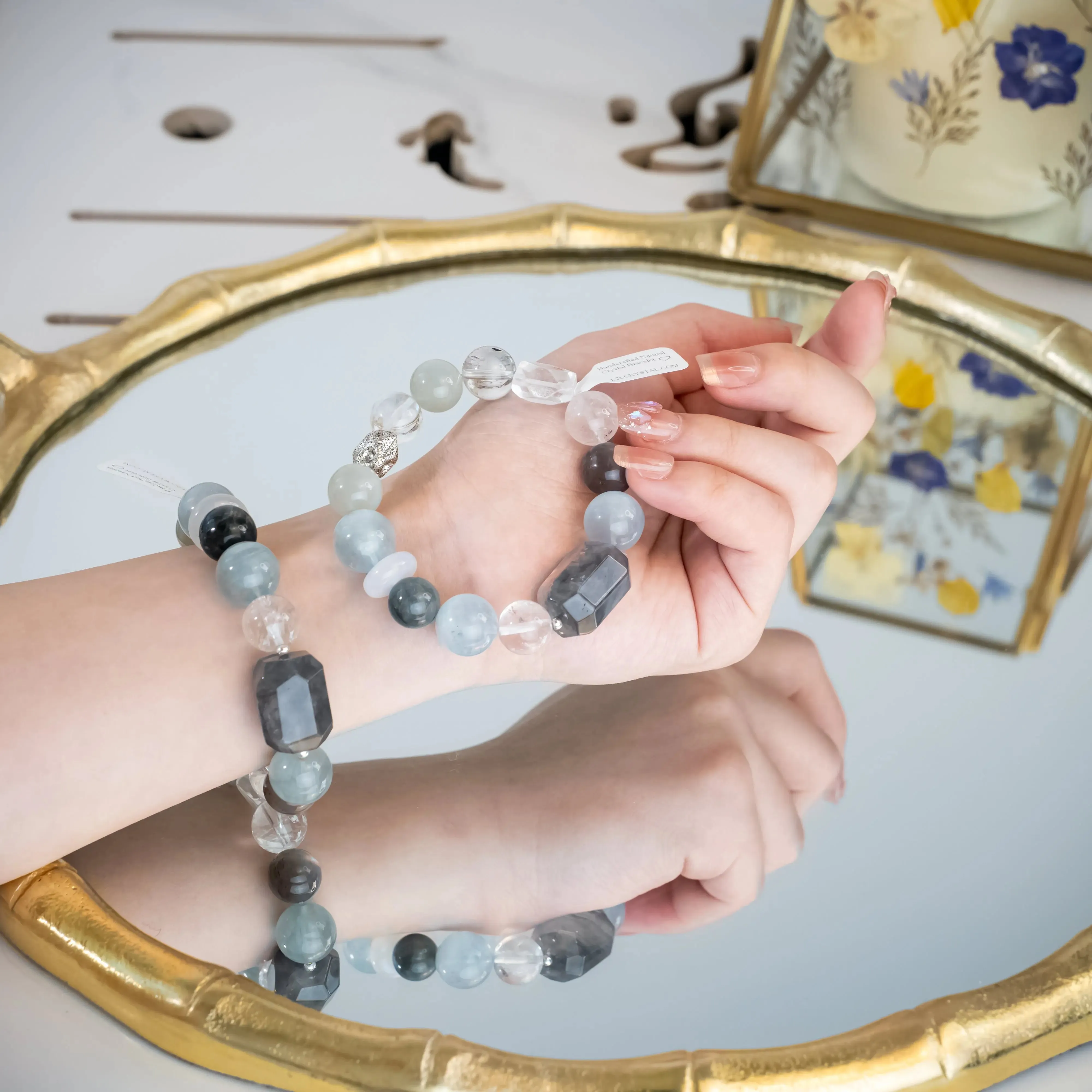 Aquamarine Silver Moonstone Rutilated Quartz Bracelet