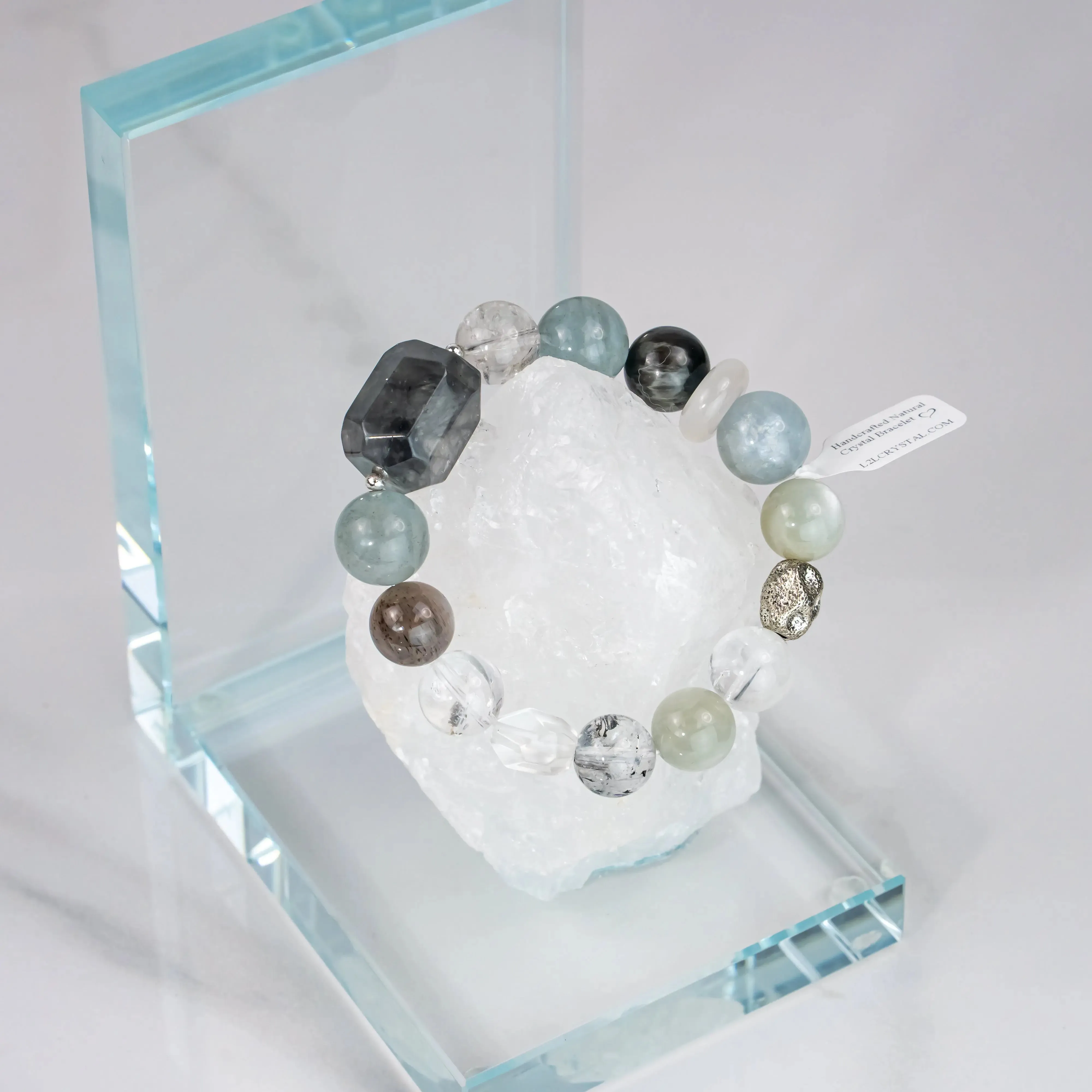 Aquamarine Silver Moonstone Rutilated Quartz Bracelet