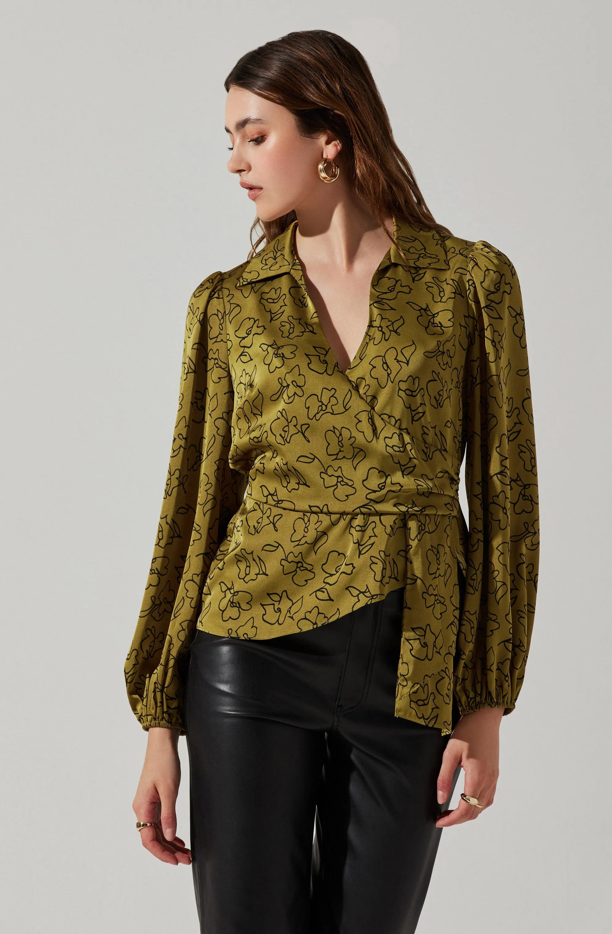 Asymmetrical Collared Floral Wrap Top