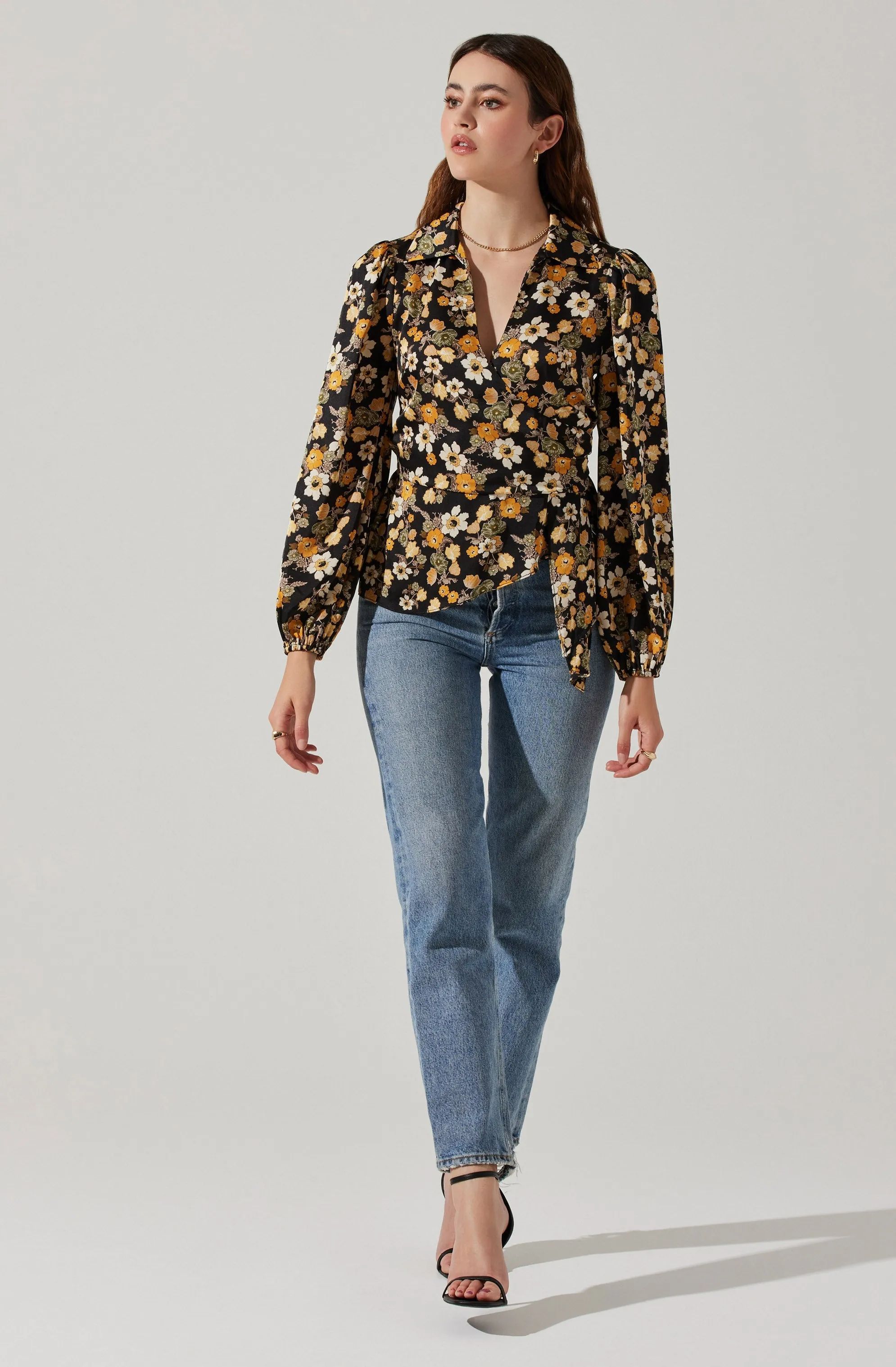 Asymmetrical Collared Floral Wrap Top