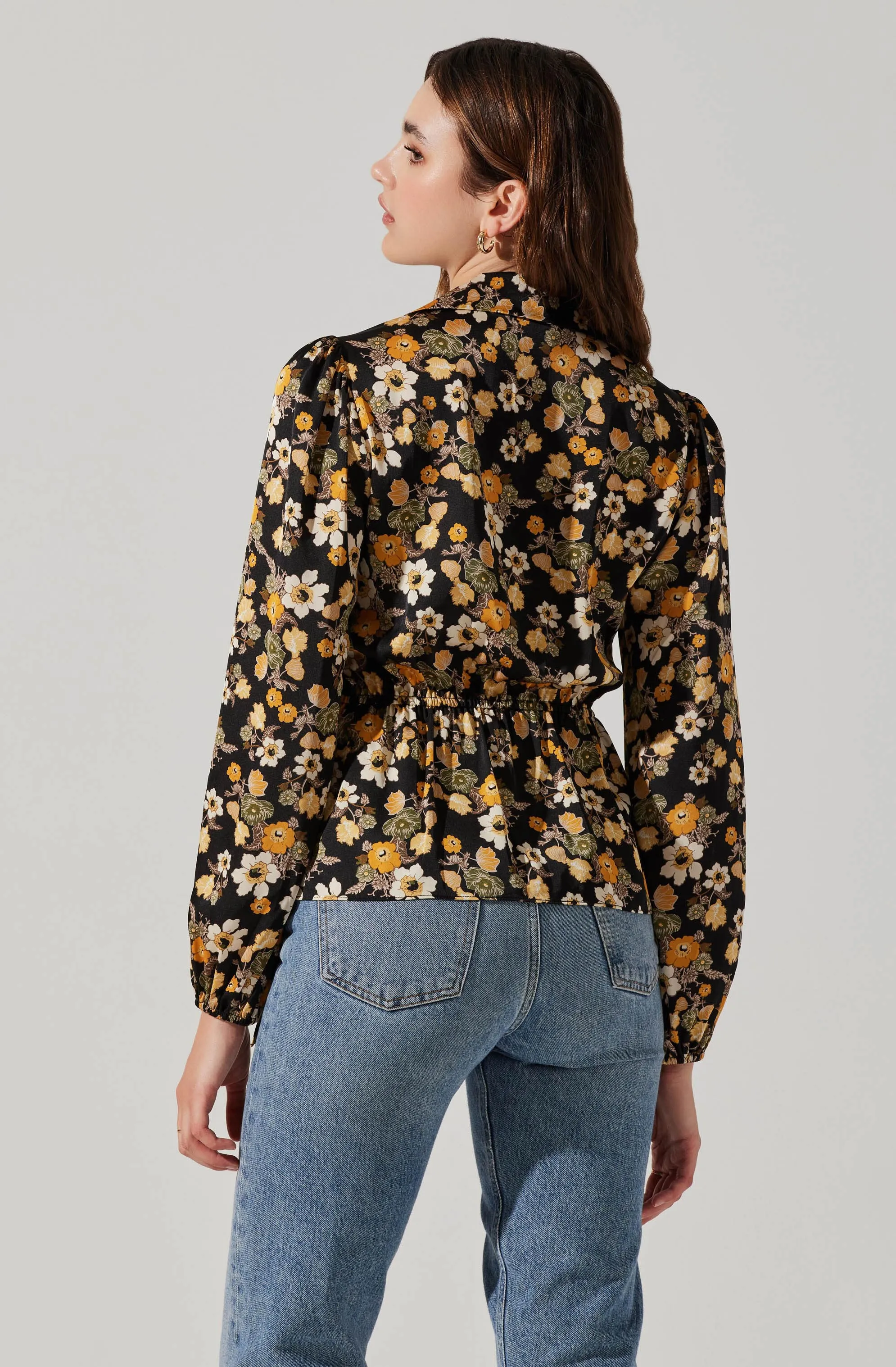 Asymmetrical Collared Floral Wrap Top