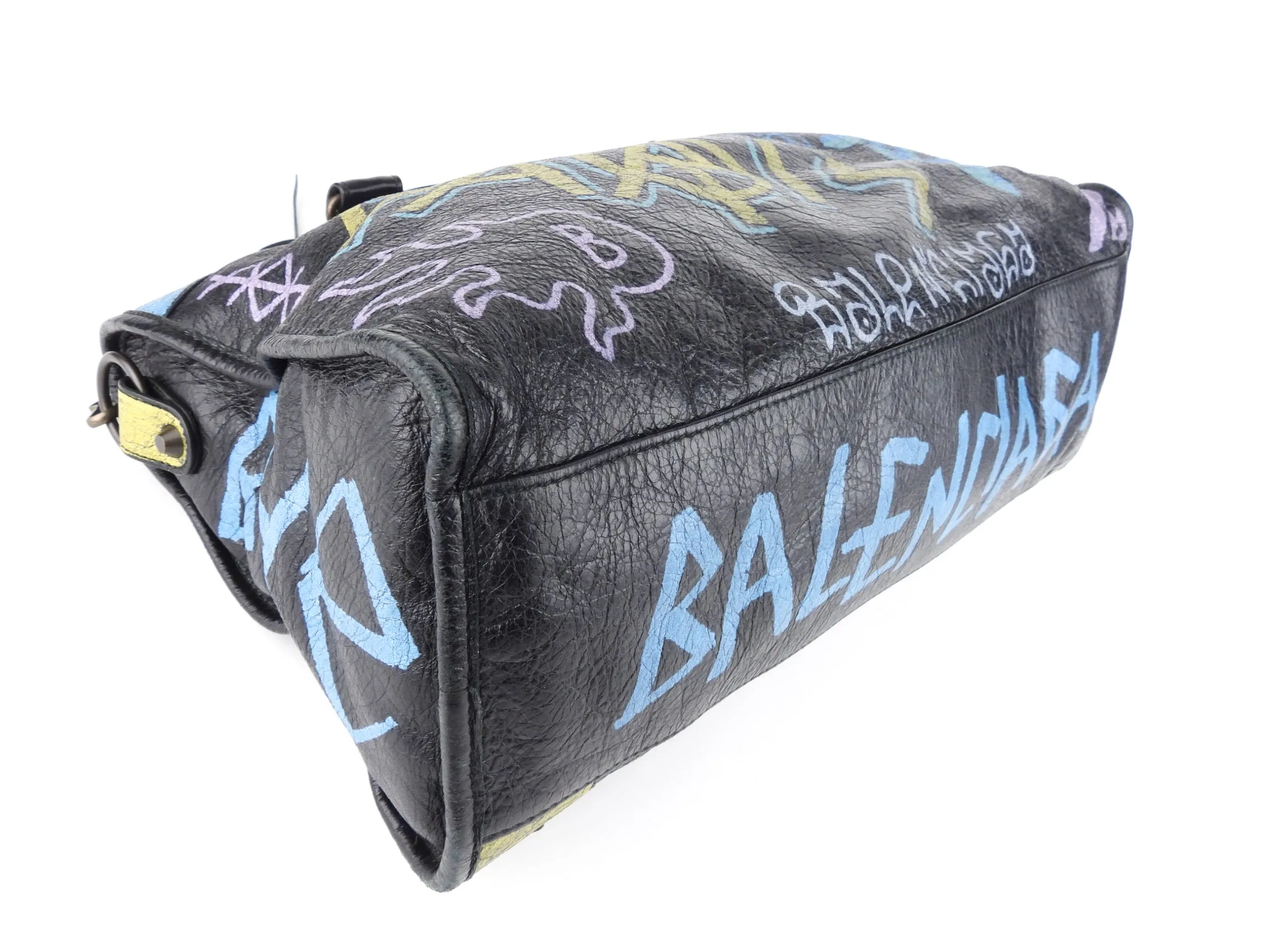 Balenciaga Black Graffiti Print Leather Moto Classic Two Way City Bag