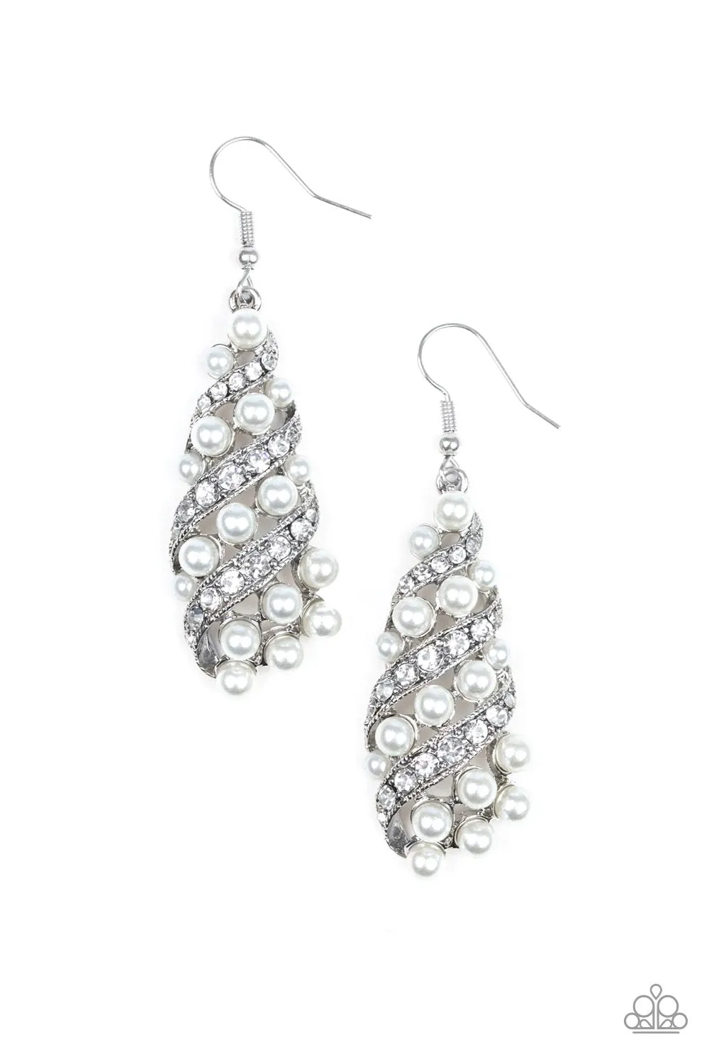 Ballroom Waltz White Pearl and Rhinestone Earrings - Paparazzi Accessories