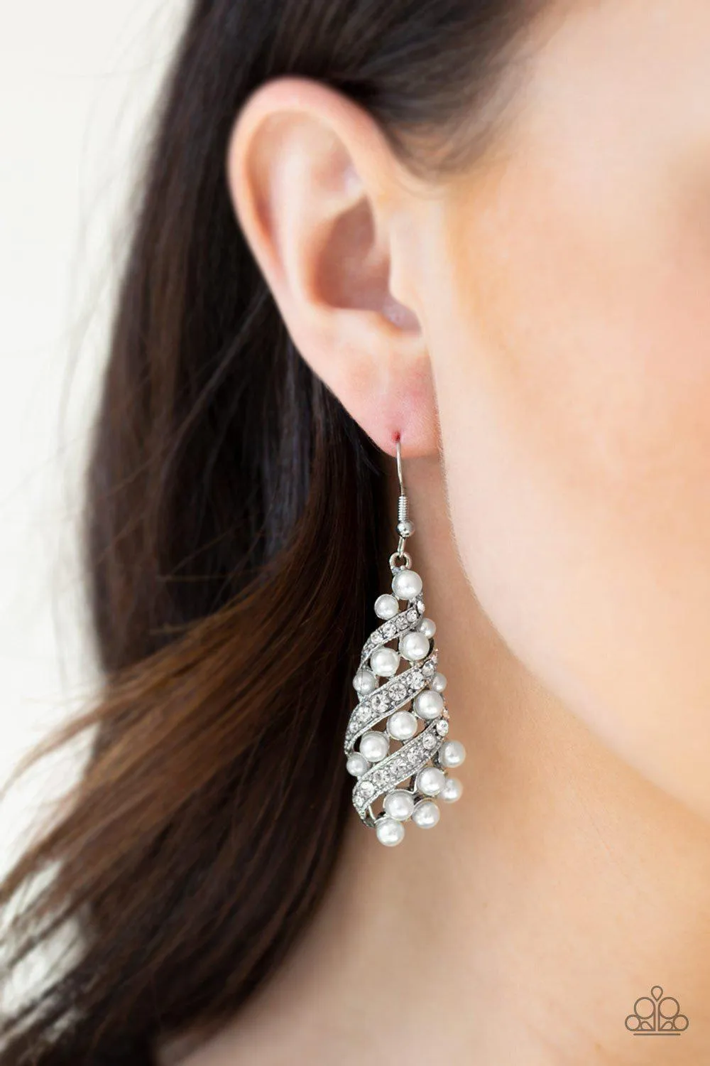 Ballroom Waltz White Pearl and Rhinestone Earrings - Paparazzi Accessories