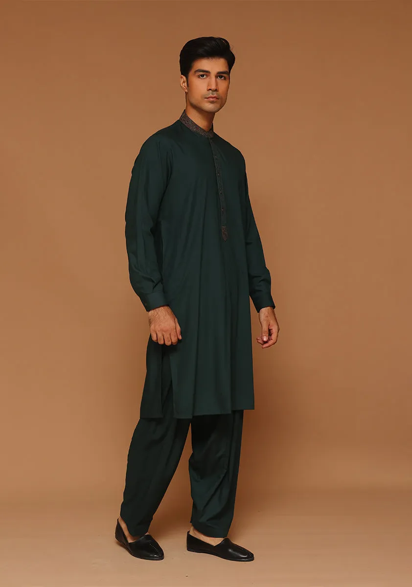 Basic  Poly Viscose Green Gables Classic Fit Embroidered Suit