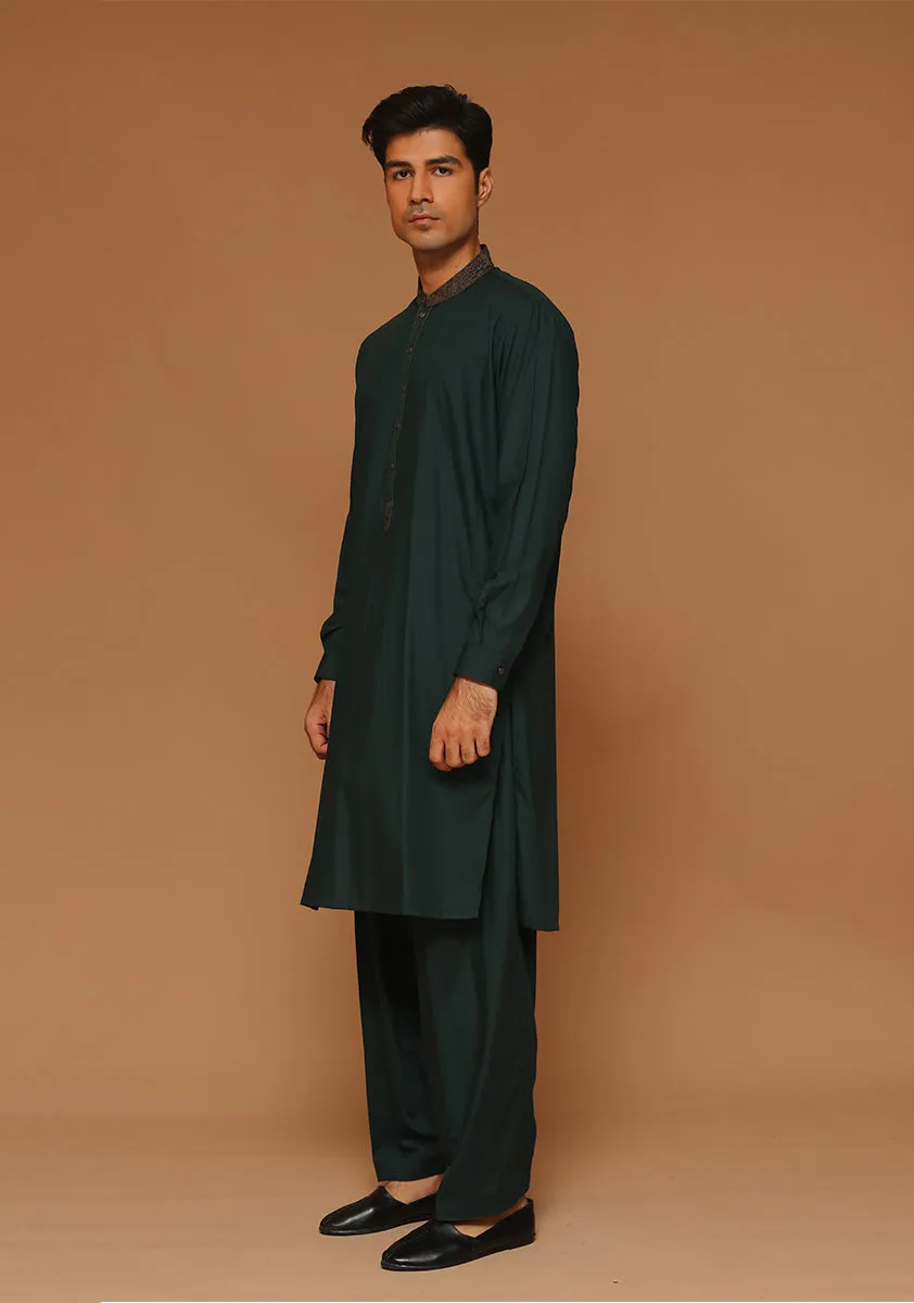 Basic  Poly Viscose Green Gables Classic Fit Embroidered Suit