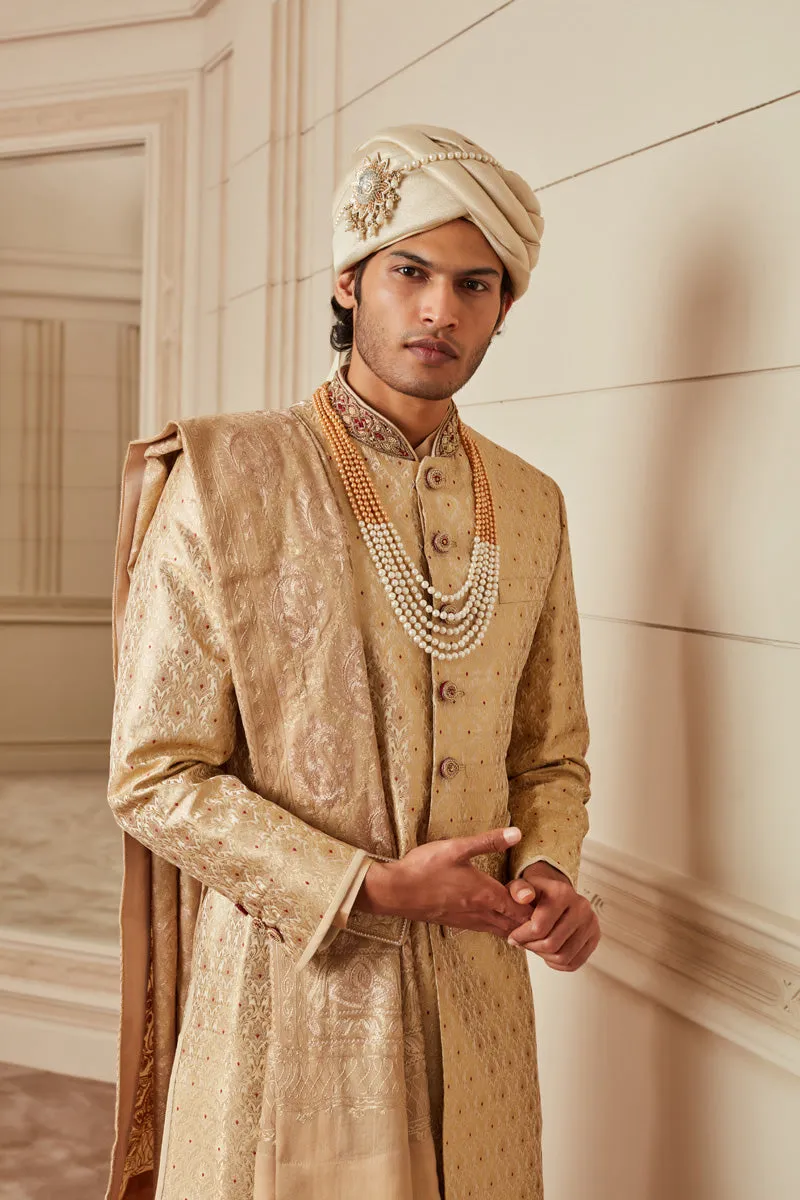 Beige Gold Embroidered Sherwani