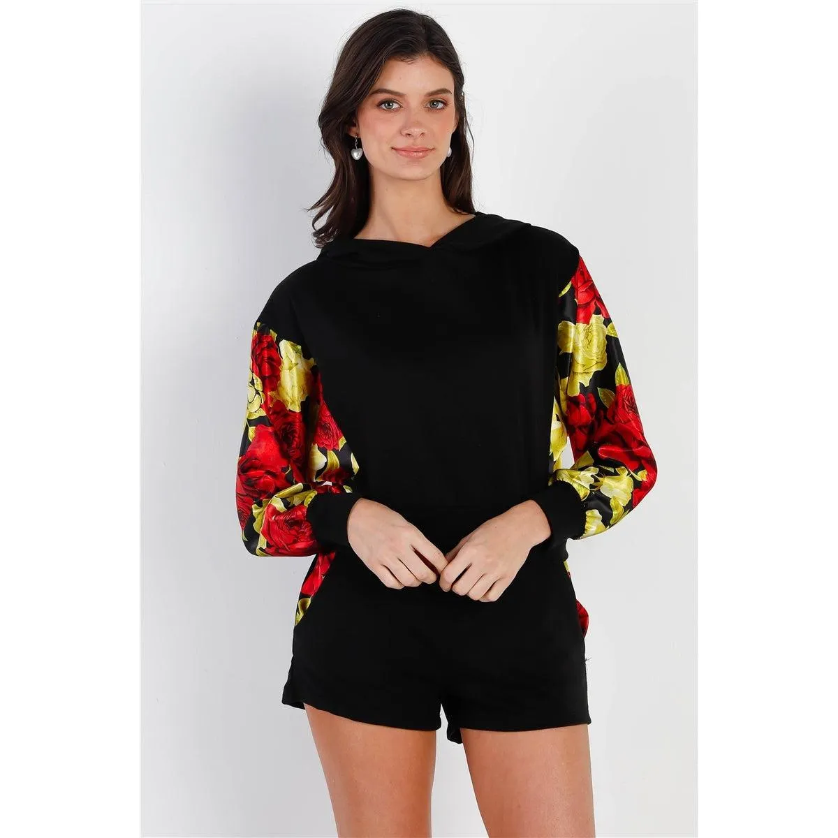 Black & Satin Effect Red & Lime Floral Print Hooded Top & Short Set