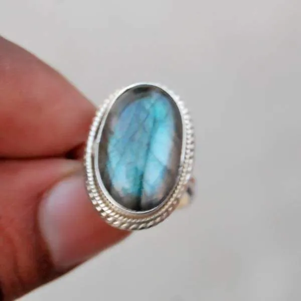 Blue Fire Labradorite Oval Silver Ring