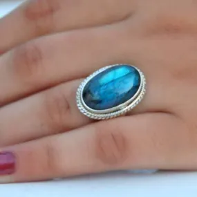 Blue Fire Labradorite Oval Silver Ring