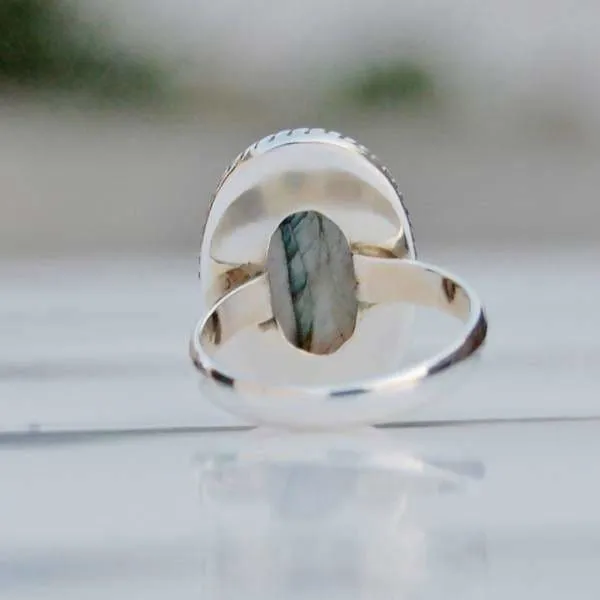 Blue Fire Labradorite Oval Silver Ring