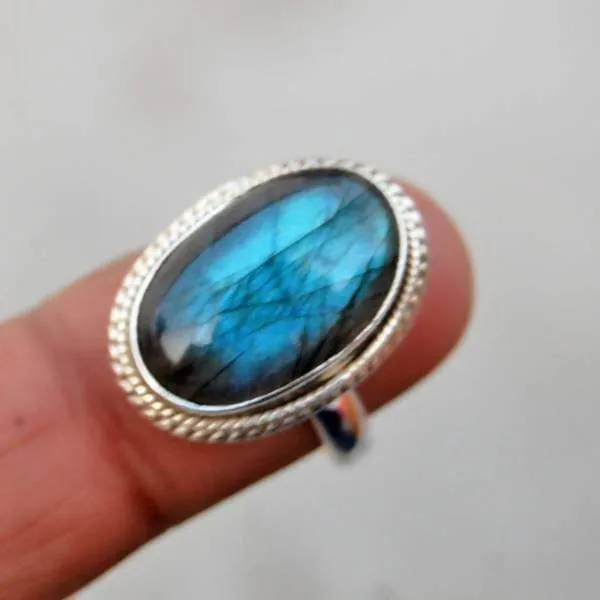 Blue Fire Labradorite Oval Silver Ring