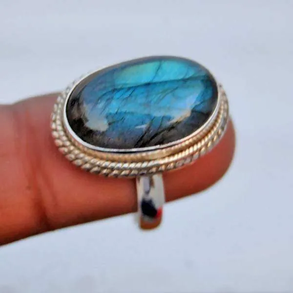 Blue Fire Labradorite Oval Silver Ring