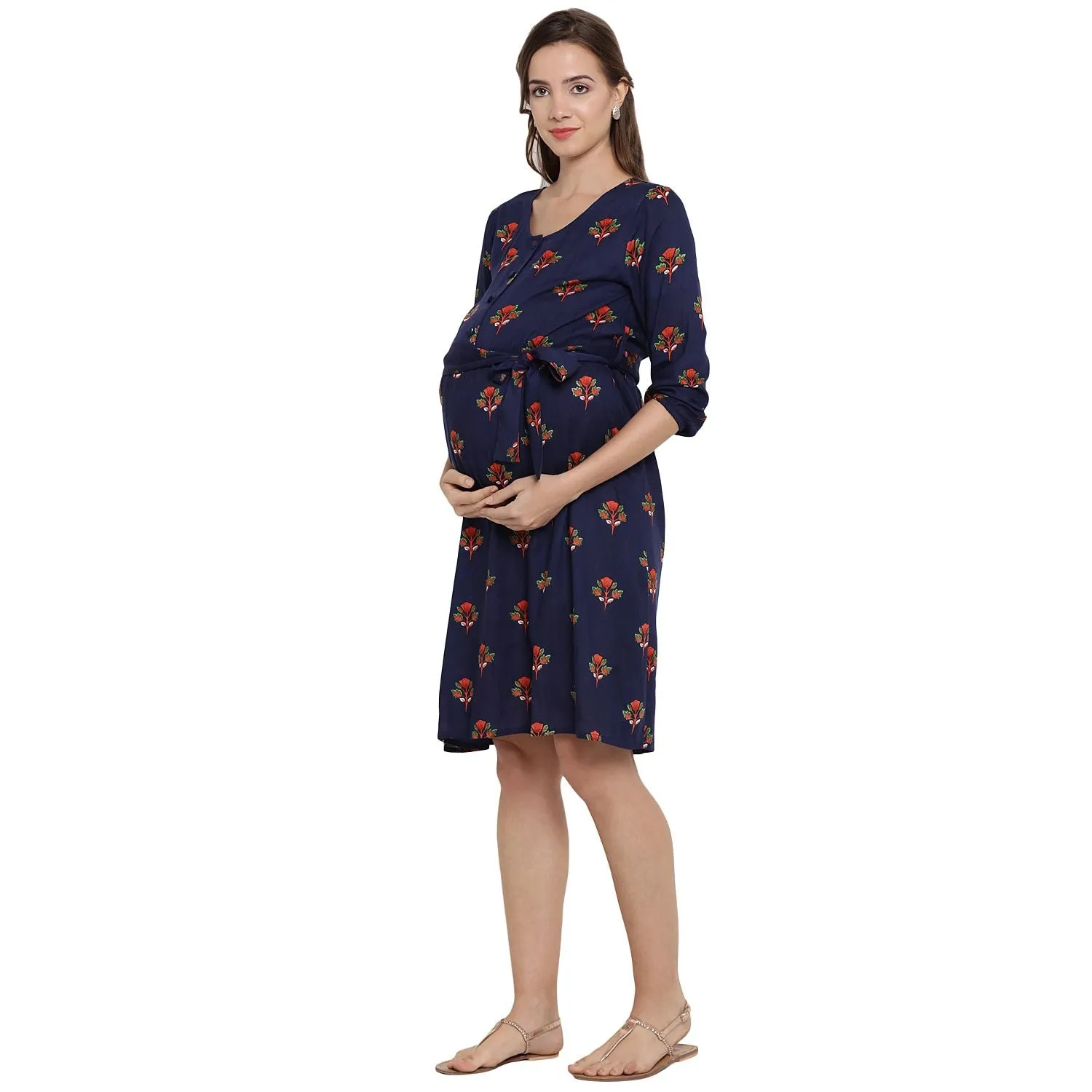 Blue Floral Print Maternity and Nursing Midi Dress