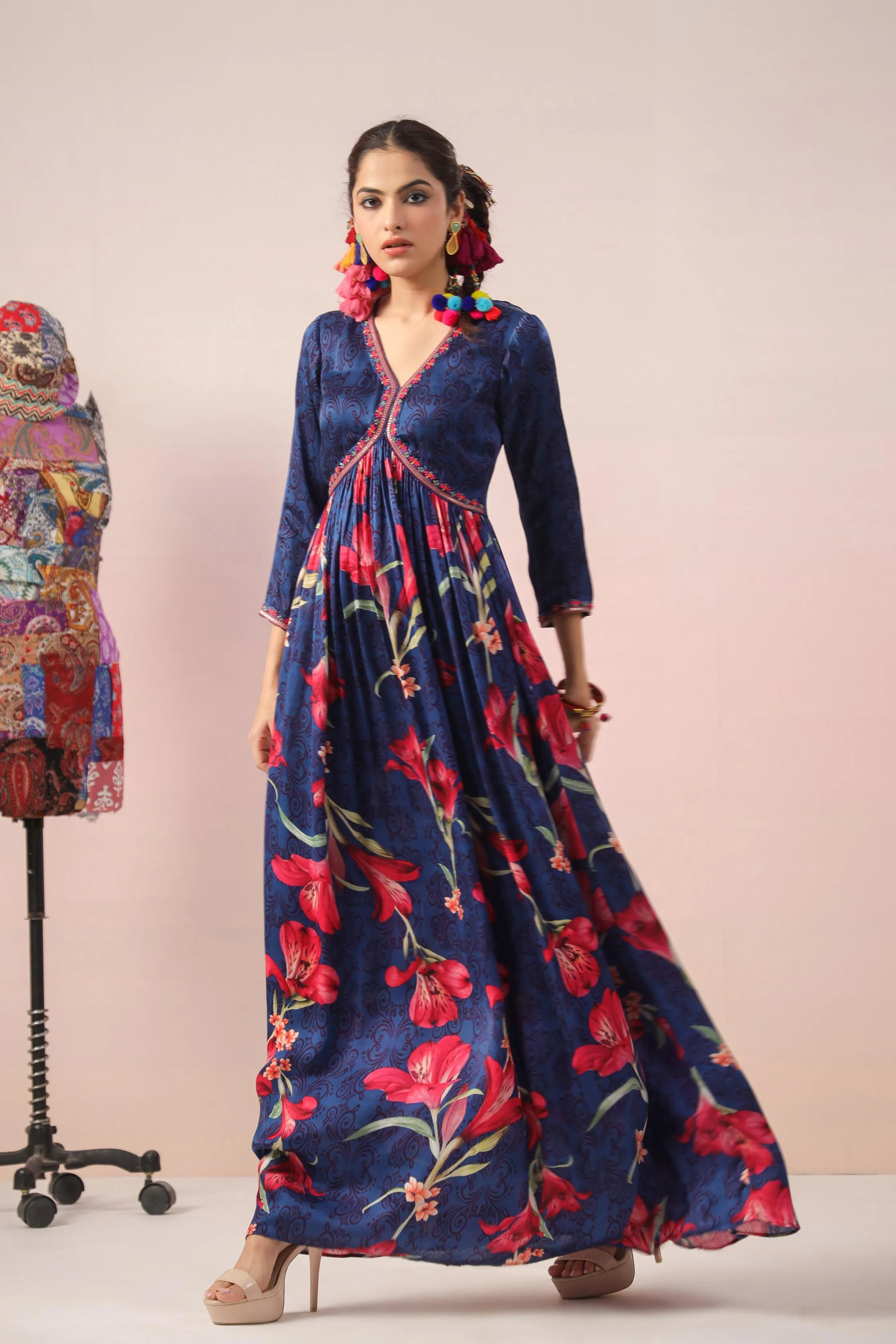 Blue Floral Printed Bamberg Satin Silk Dress