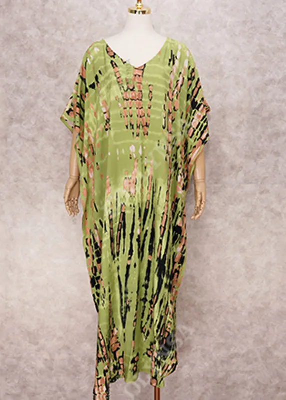 Bohemian Green V Neck Striped Print Women Beach Dress Summer VB1034