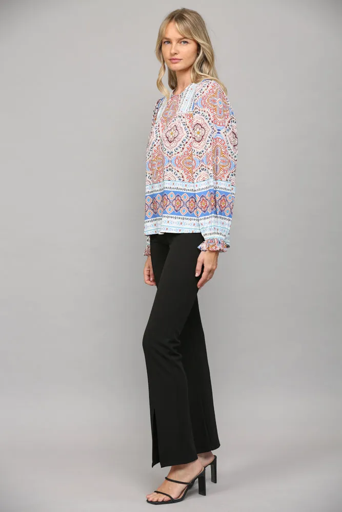 Border Print Lace Insert Peasant Top