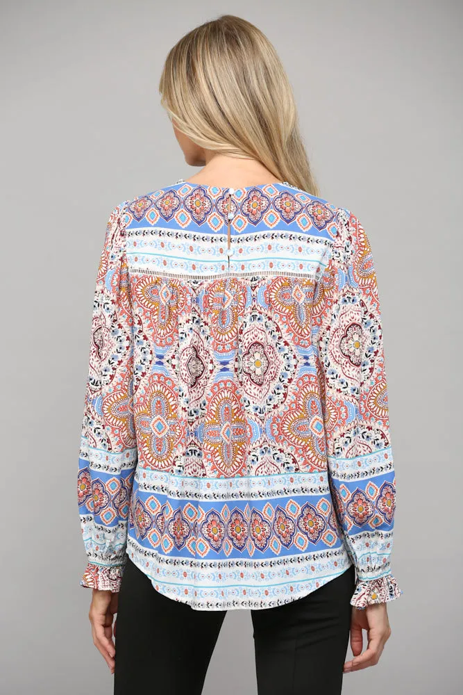 Border Print Lace Insert Peasant Top