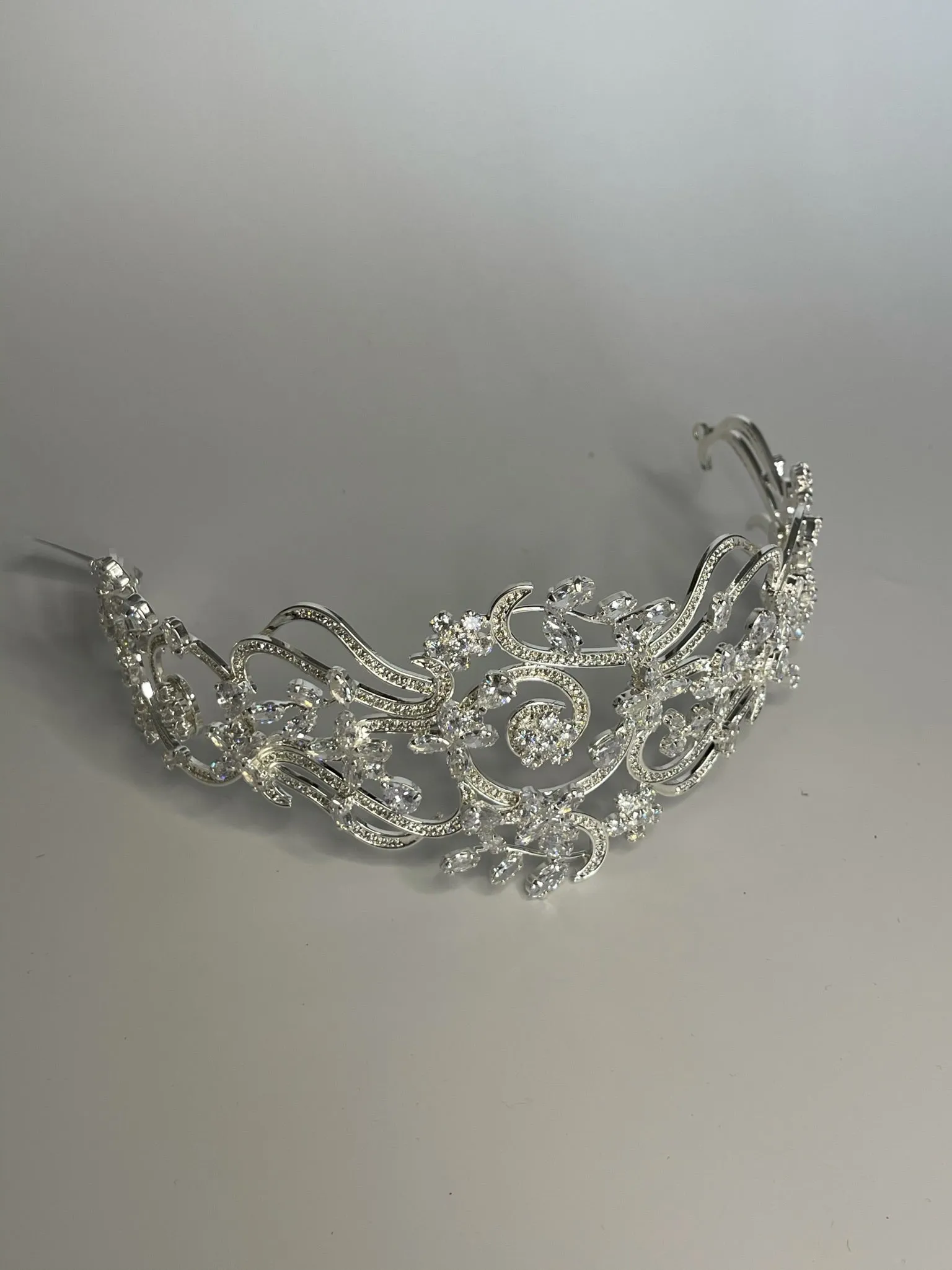 Bridal Crown - Tiara Wavy and Flowers Style Zircon Stones and Silver Coated Material