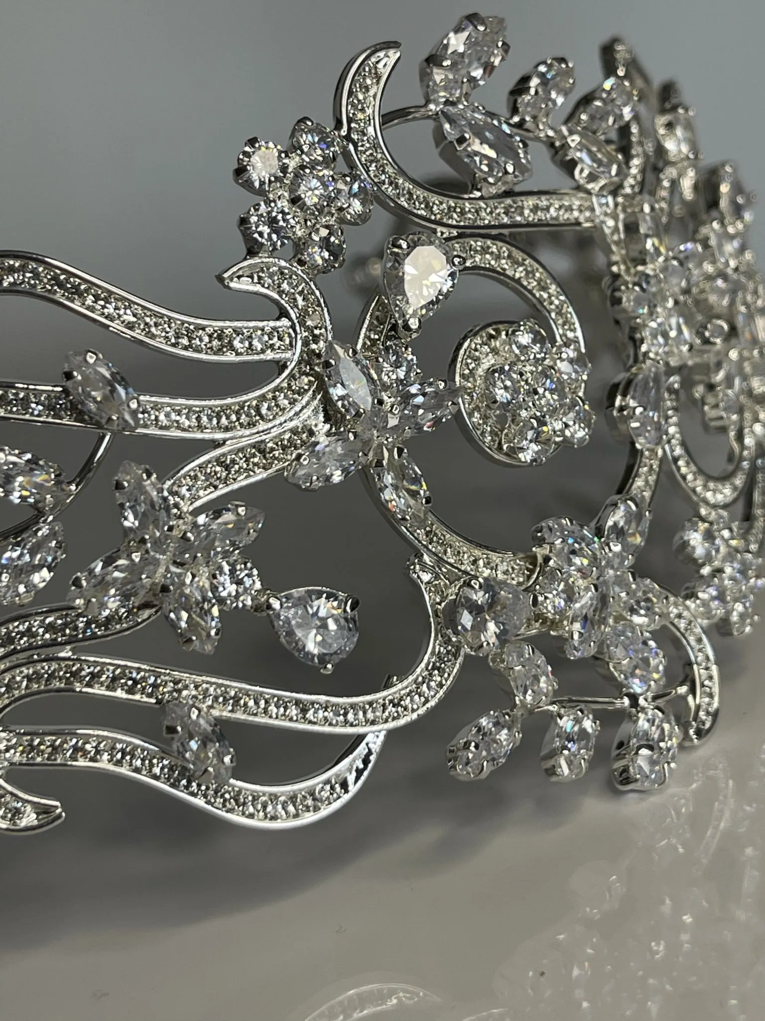 Bridal Crown - Tiara Wavy and Flowers Style Zircon Stones and Silver Coated Material