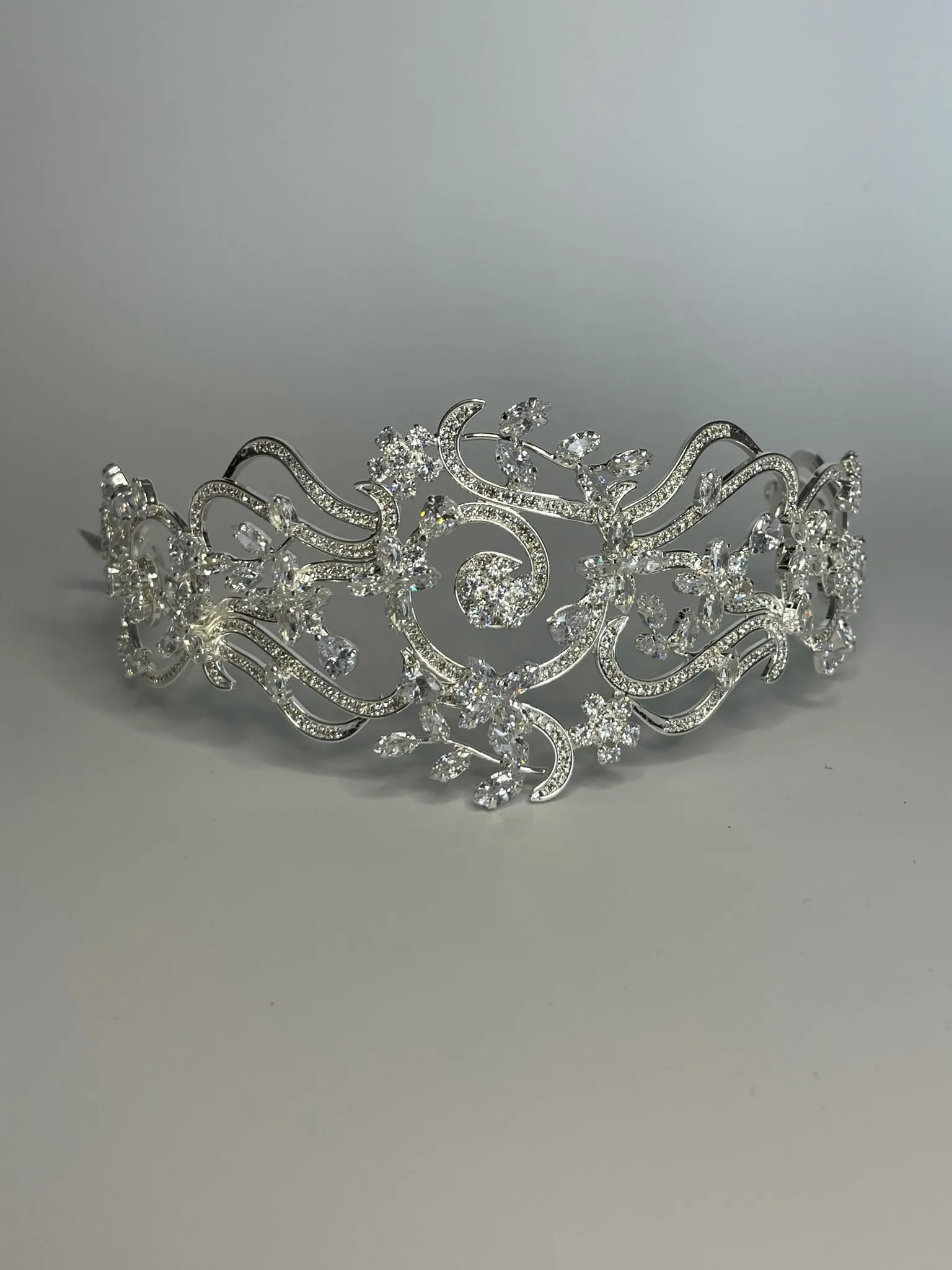 Bridal Crown - Tiara Wavy and Flowers Style Zircon Stones and Silver Coated Material