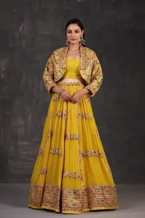 Bright Yellow Embroidered Premium Georgette Silk Lehenga Set