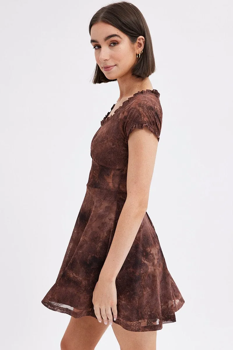 Brown Paisley Mini Dress Short Sleeve Scoop Neck Fit & Flare