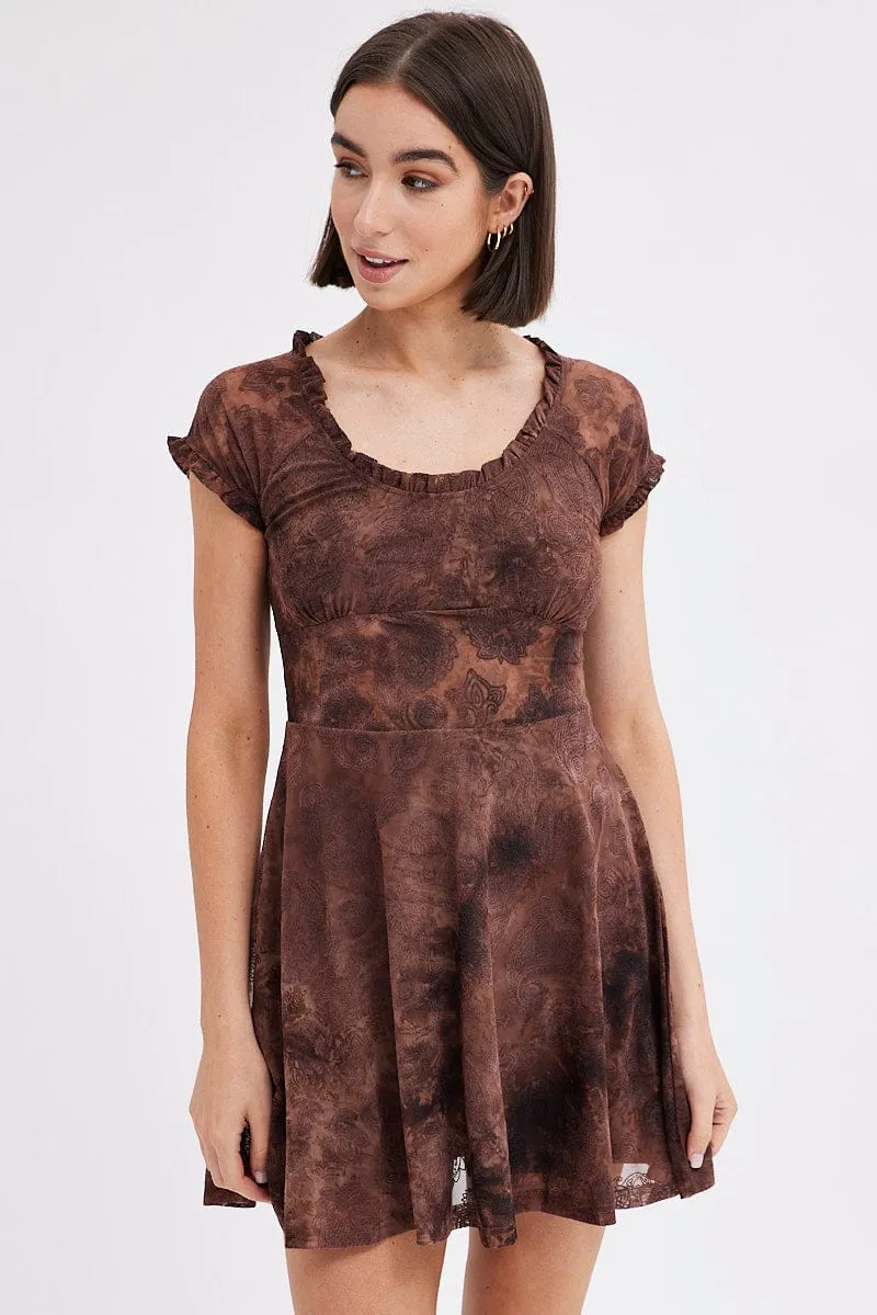 Brown Paisley Mini Dress Short Sleeve Scoop Neck Fit & Flare