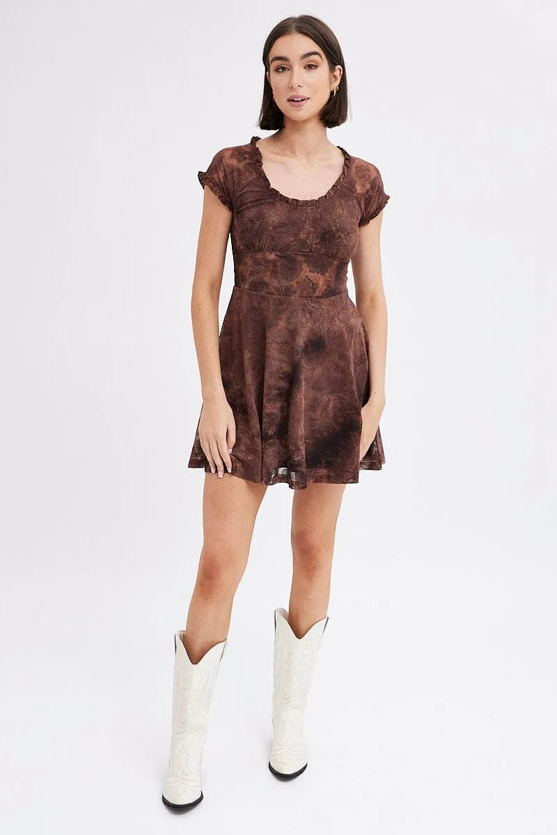 Brown Paisley Mini Dress Short Sleeve Scoop Neck Fit & Flare