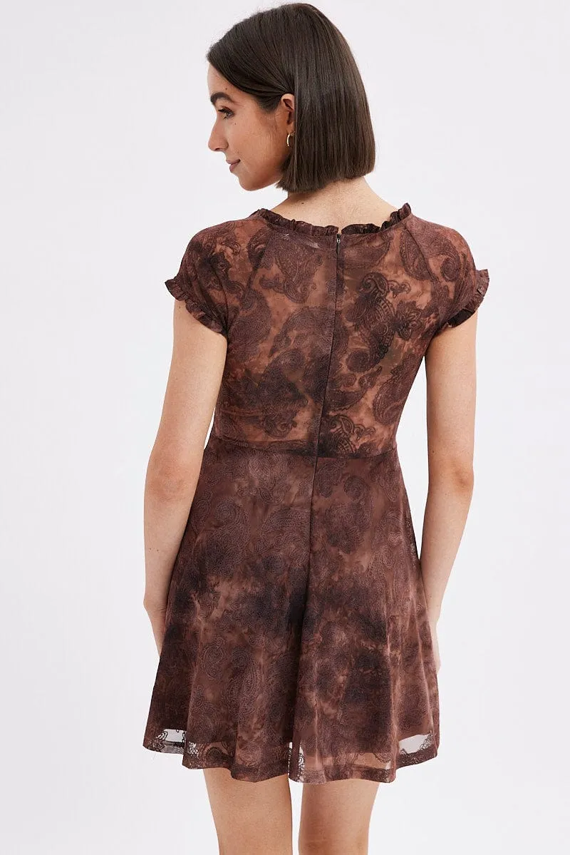 Brown Paisley Mini Dress Short Sleeve Scoop Neck Fit & Flare